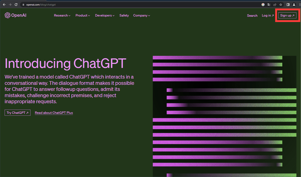 OpenAIのChatGPTページから右上の「Sign Up」